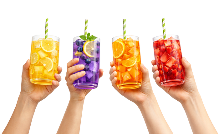 Four colourful glasses raised in the air to celebrate joining the Tavo crew for LiquidCalm liquid calm and LiquidHydrate liquid hydrate flavours and offers.